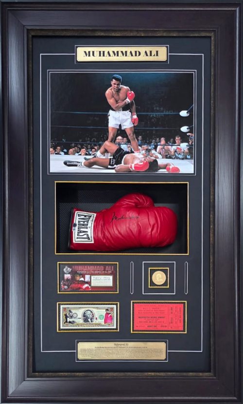 Muhammad Ali Rare signed and Framed Glove incl rare original ticket + Gold Clad coin + Ali Dollar Note