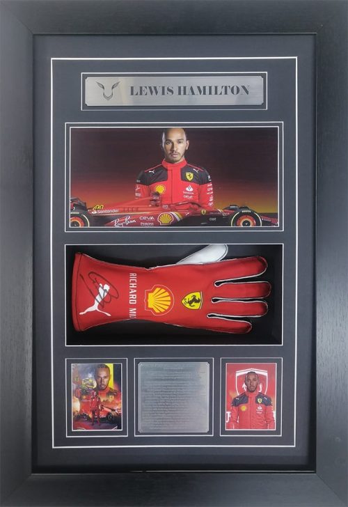 Lewis Hamilton signed and framed Ferrari Formula One Glove