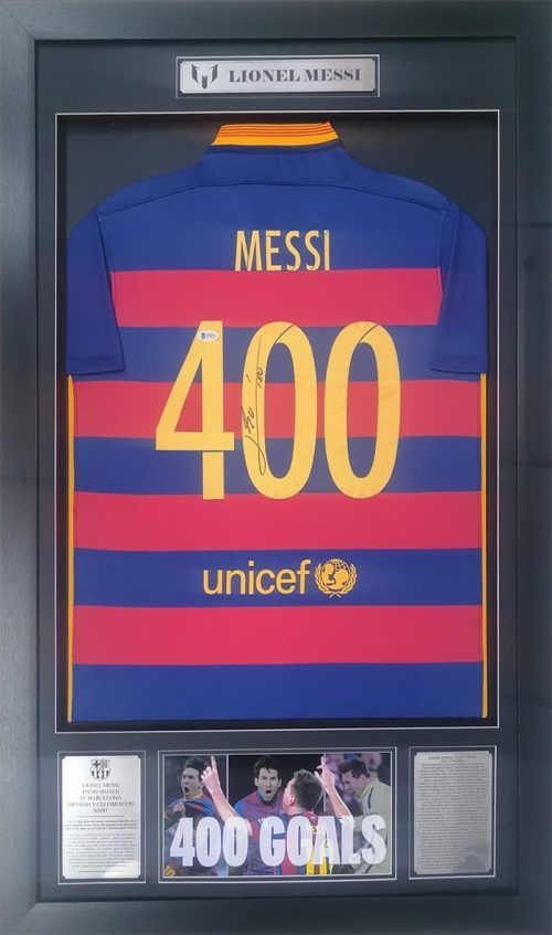 Lionel Messi Barcelona 400 Goals Celebration signed and framed shirt