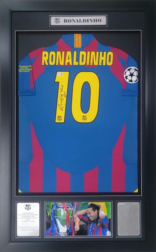 Ronaldinho Barcelona No 10 Signed and Framed Shirt