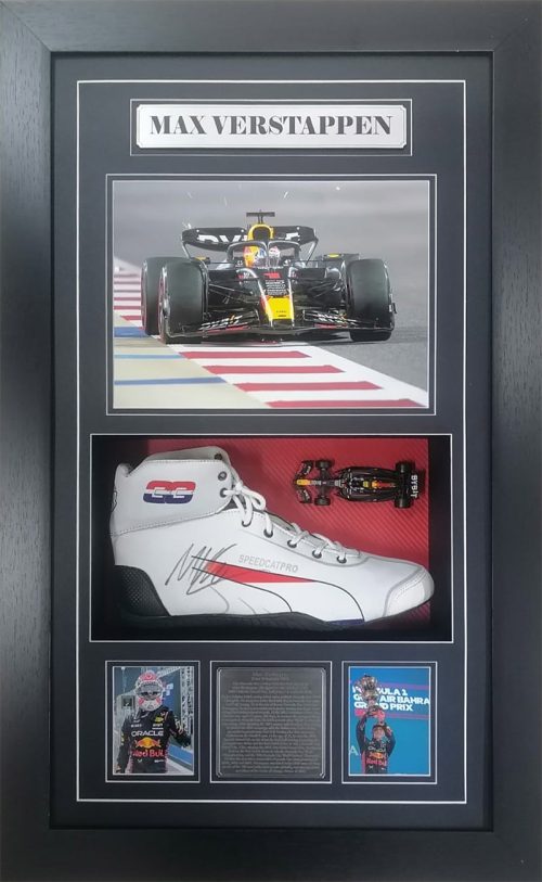 Max Verstappen signed and framed Formula One Racing Boot incl Model car prop